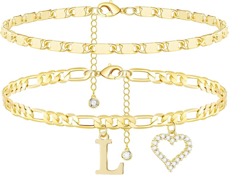 Wremily Initial Ankle Bracelets for Women Waterproof 14K Gold Plated Dainty Layered Figaro Chain Letter Initial CZ Heart Ankle Bracelets Set Summer Beach Jewelry for Women - Image 1